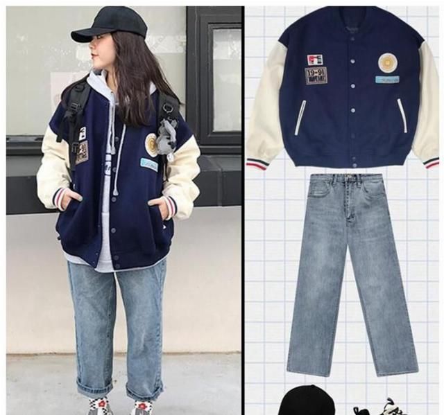  #服穿#初春酷帅bf风女生棒球服穿法，青春年少显年轻，很合适学生妹的平时穿衣搭配