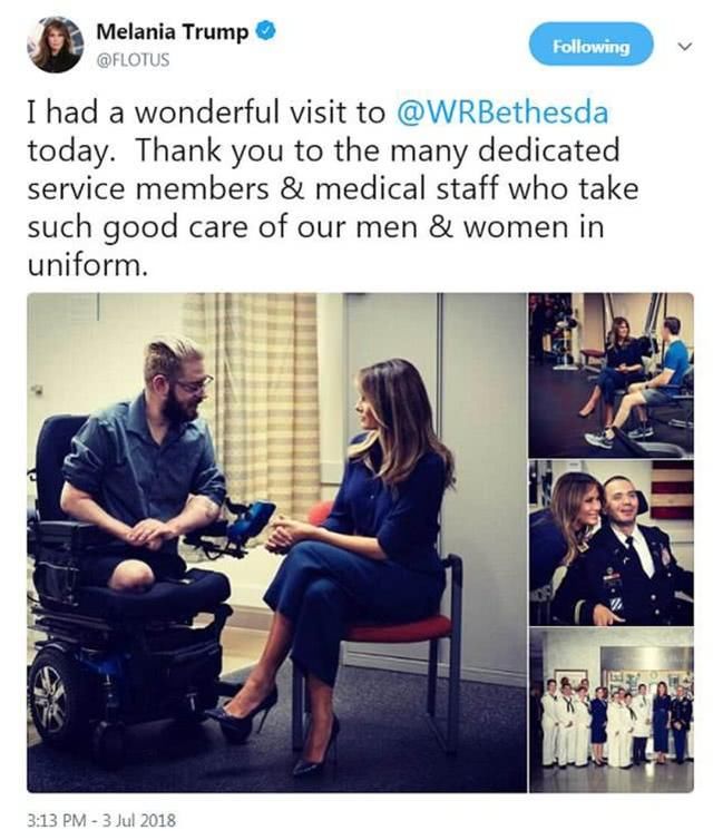 梅拉尼娅访问医疗中心，身穿深蓝色职业套装尽显职业女强人魅力！