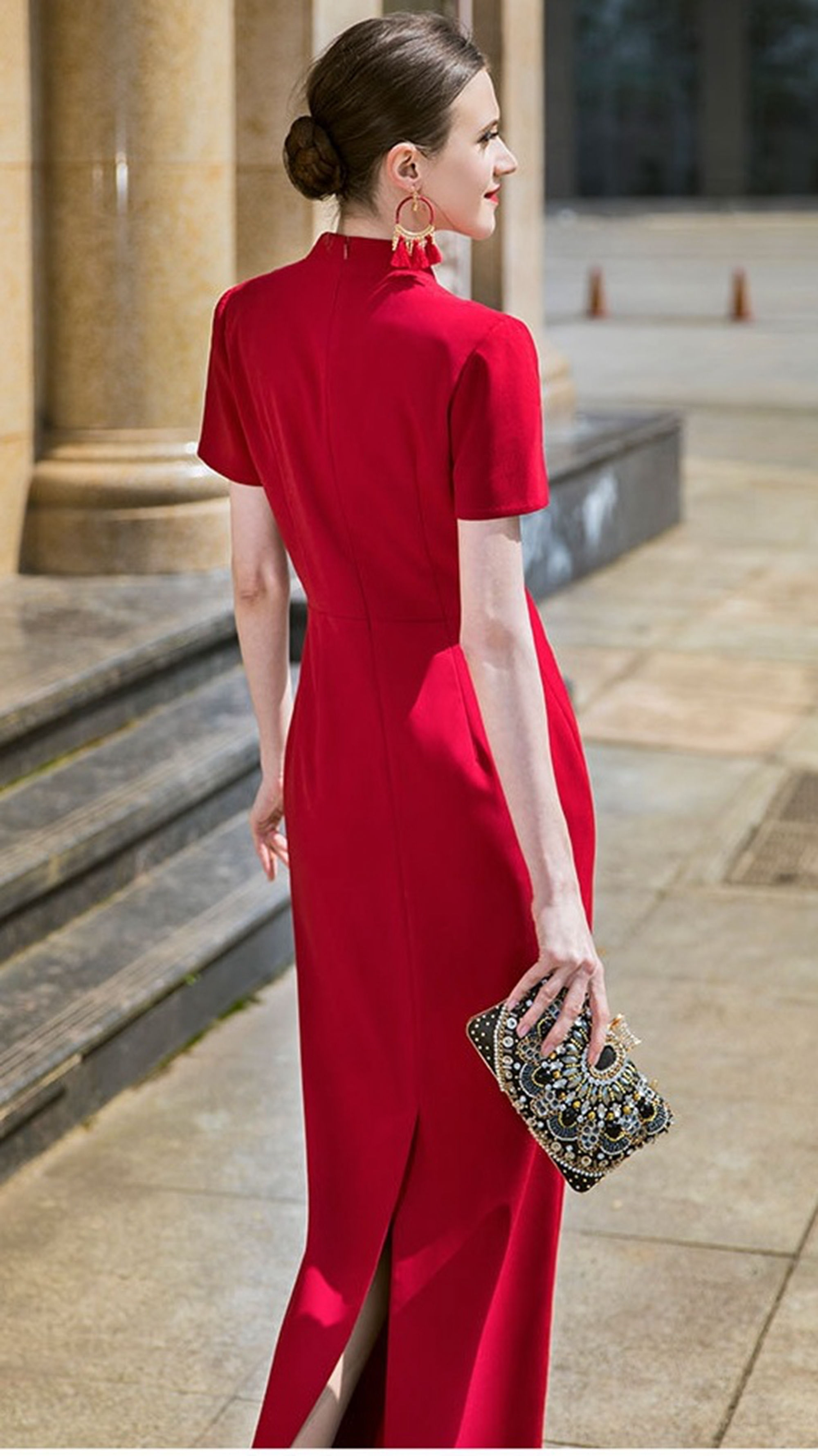 夏新款翻V领开叉连衣裙，收腰显瘦长款包臀一步裙，显得知性优美