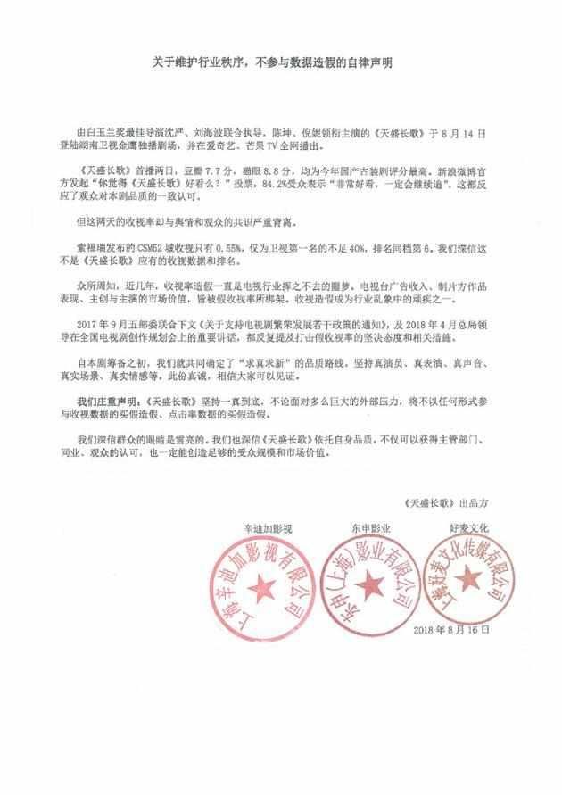 陈坤倪妮主演《天盛长歌》发声明：维护行业秩序 不参与数据造假