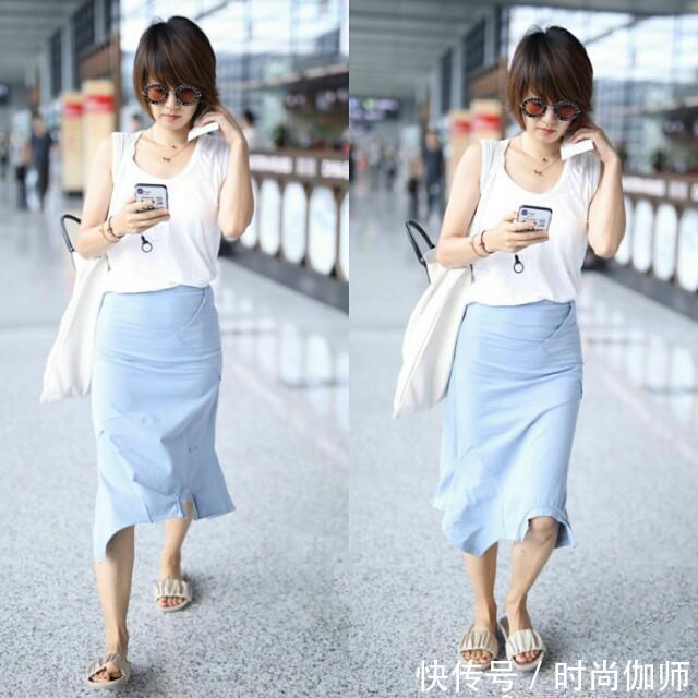 42岁马伊琍机场终于穿起了裙子，优雅出街清新似24岁，太会穿！