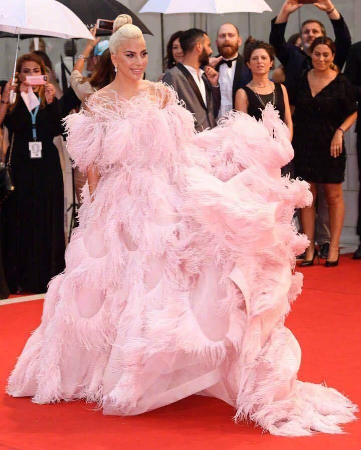 155的LadyGaga全身插满粉色羽毛远赴威尼斯，自己从美国飞来的?