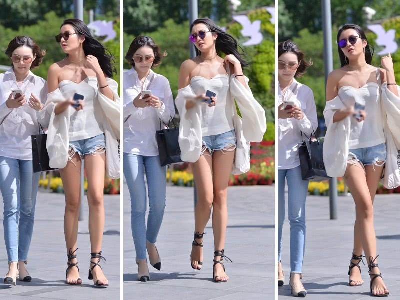 身穿“泡泡袖”的一字肩小姐姐，肌肤白、身材高挑很有女人味！