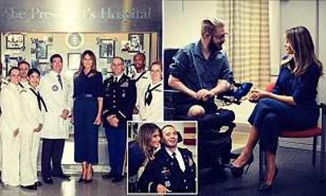 梅拉尼娅访问医疗中心，身穿深蓝色职业套装尽显职业女强人魅力！