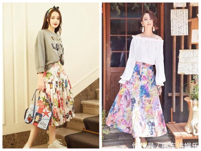 33岁佟丽娅与26岁迪丽热巴，同穿半身印花裙，居然美得不相上下！