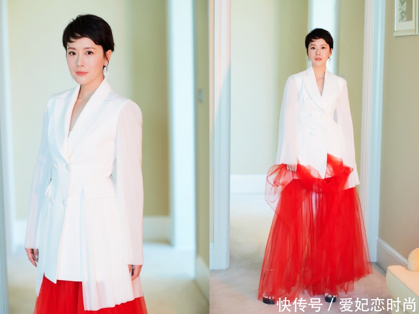 海清嫌裙子太长，故意用手往上拉扯，网友：真担心会“走光”