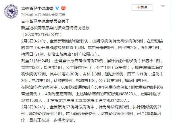  「转为」吉林新增确诊病例9例，有5例由疑似转为确诊，累计确诊7