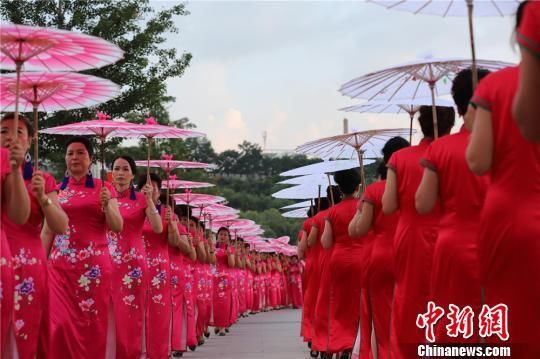 甘肃五旬旗袍爱好者撑伞走秀 展传统文化魅力