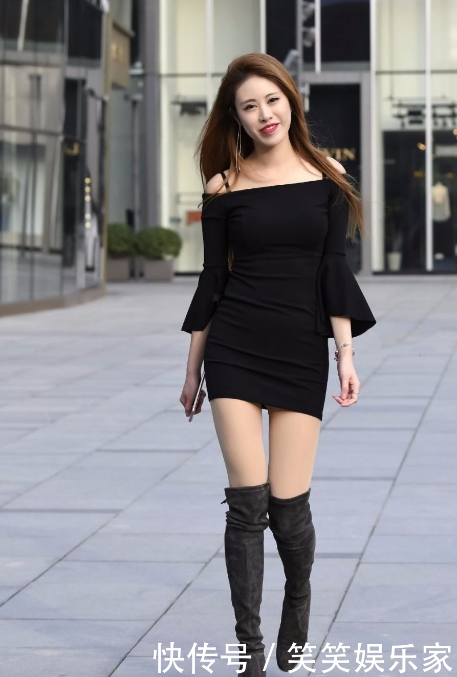 「过膝」时尚街拍:过膝靴和短裙的搭配,小姐姐的腿看上去真细