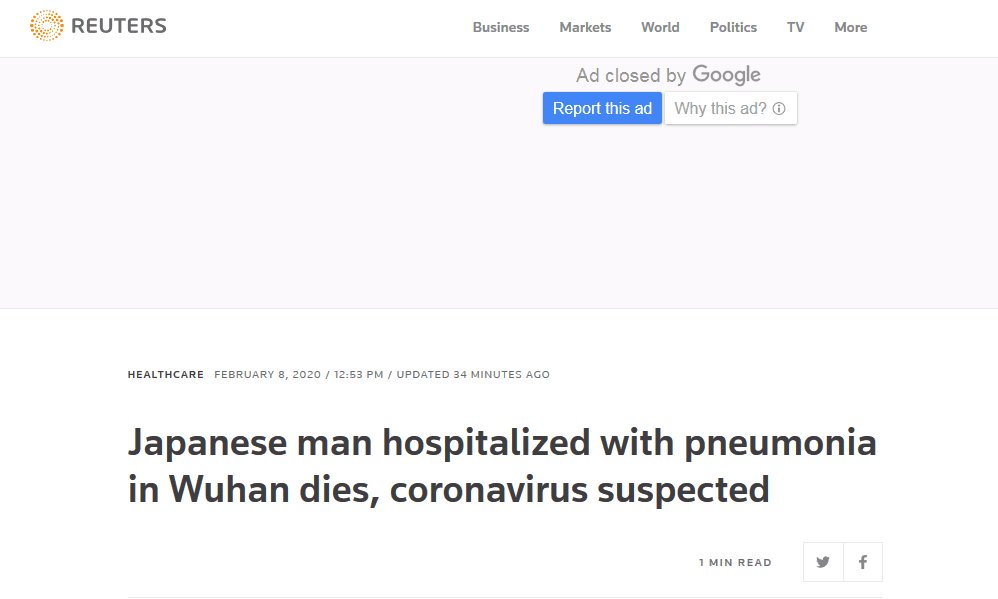 男子■路透社：日外务省称一名疑似患有新冠肺炎的日本男子在武汉死亡