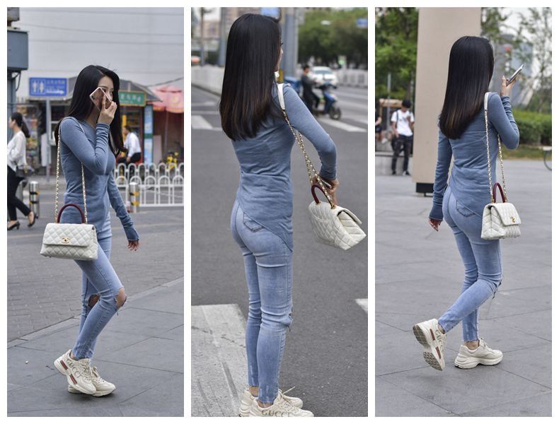 不爱红装爱素装，破洞紧身牛仔裤，彰显与众不同的美