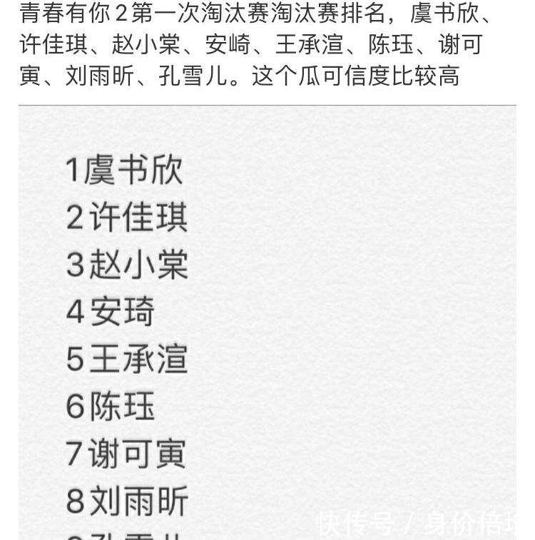  心中■首轮淘汰赛排名疑曝光，虞书欣稳居第一，是你心中的出道选手吗？