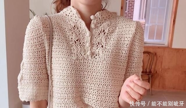 『短袖』女士淑女风格钩针圆肩短袖开衫