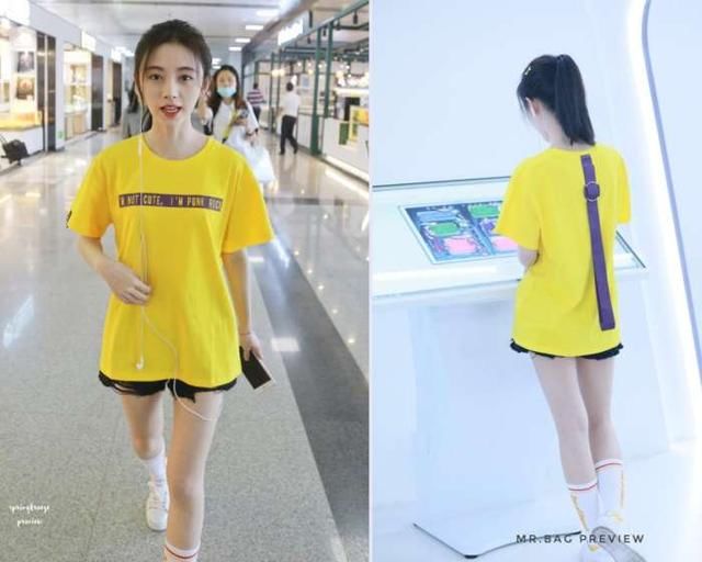 鞠婧祎衣品开挂，T恤盖住短裤现身，159愣是秀出1米8大长腿