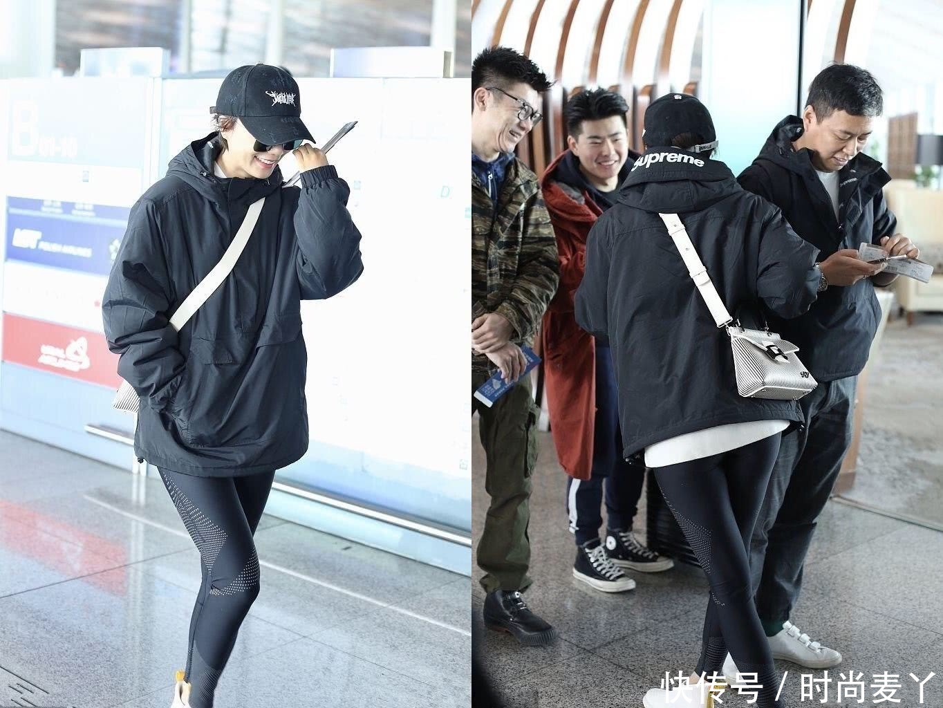 王珞丹穿健身裤去机场，转身的瞬间好尴尬，网友：哎，上衣太短了