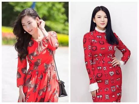 李湘与张柏芝，同穿红色印花连衣裙，差别有点大？