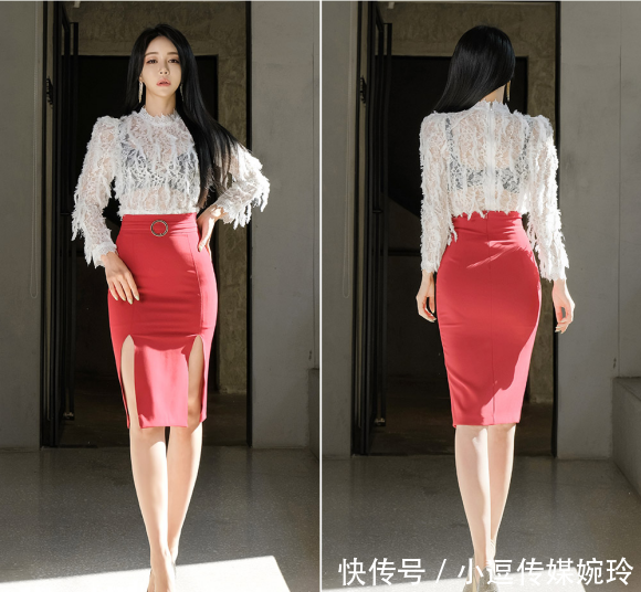『膝裙』美人图鉴郑有贞:雪白絮茸点缀微透长袖雪纺衫,搭配红色及膝裙