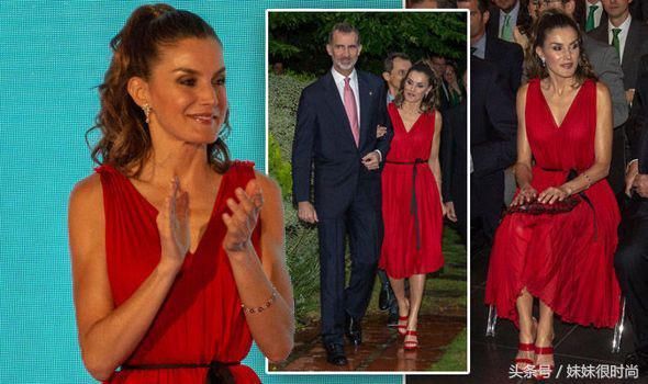 莱蒂齐亚模仿梅根风格，红色高跟鞋搭配红裙子，黑丝带勒出柳叶腰