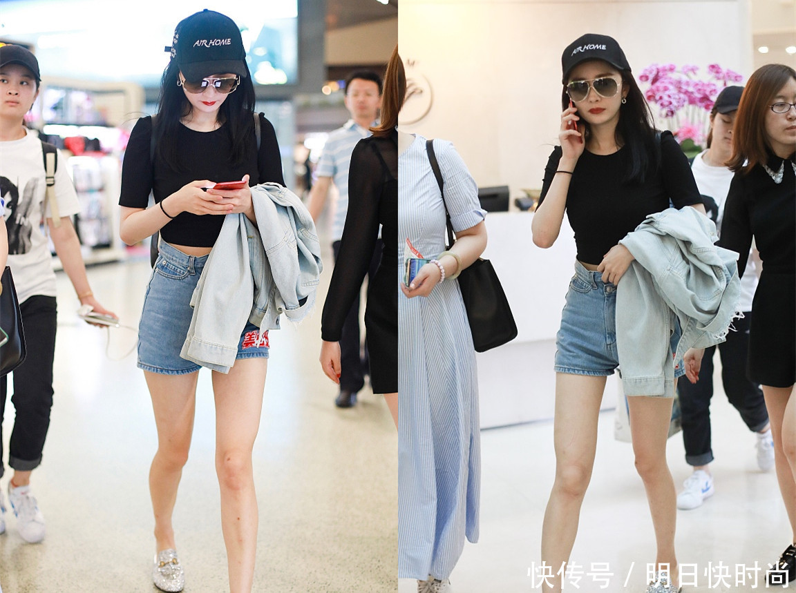 辣妈杨幂街拍，两条腿真的已经瘦成筷了