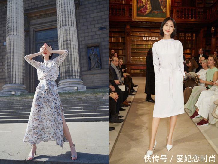 张俪白T配皮裙，暴露一双惊艳美腿，袜子露出鞋子一样很潮流！