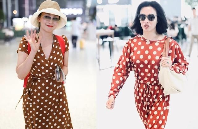 50岁金星和46岁陶虹同穿红色波点裙，才发现女人之间的差距有多大