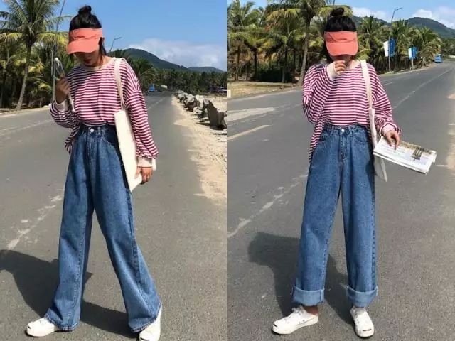  「腿长」今年很流行的高腰牛仔阔腿裤，穿上真的超级显瘦显腿长！