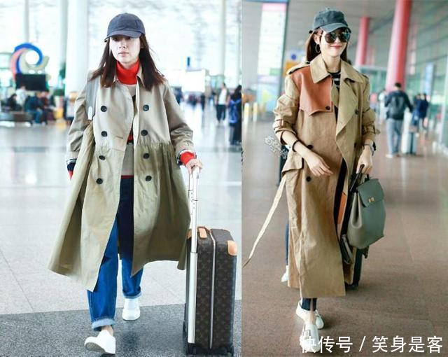 唐嫣和董洁机场同穿卡其色风衣, 只差4岁竟一个似超模一个似村姑