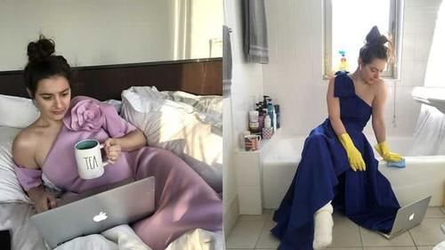 『重样』美国女子居家办公租时装穿，时而晚礼服时而九分裙，每天绝不重样