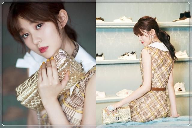 乔欣的时尚越来越难都了！格子连衣裙内穿黄色打底裤，真欣赏不来