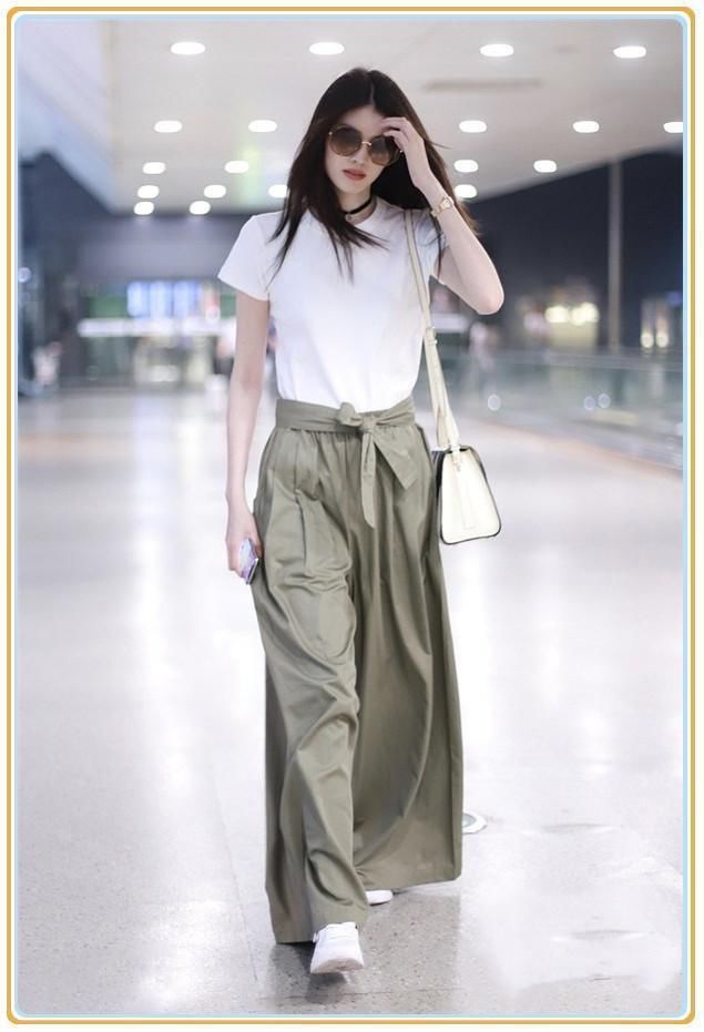 当何穗和全智贤同穿绿色阔腿裤，才知道超模腿和明星腿差距有多大