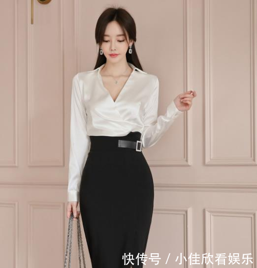  气质■街拍：气质高雅的美女，一件白色衬衫配黑色半身裙，时尚达人气质