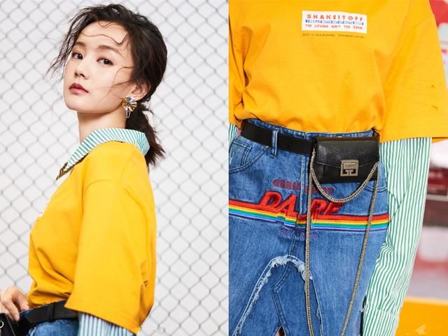 李菲儿T恤配裙有啥意思，还好开叉开得妙，网友:拿牛仔裤剪的?
