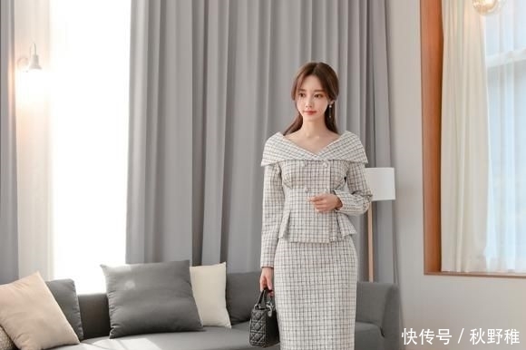 朦胧:孙允珠:灰调朦胧网格燕尾职业西装裙写真