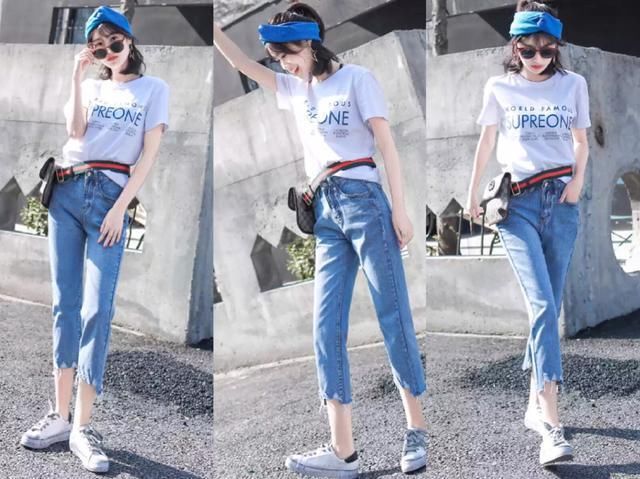 八分牛仔裤+白色t恤，小个子的女生这样搭轻松显白又显高!