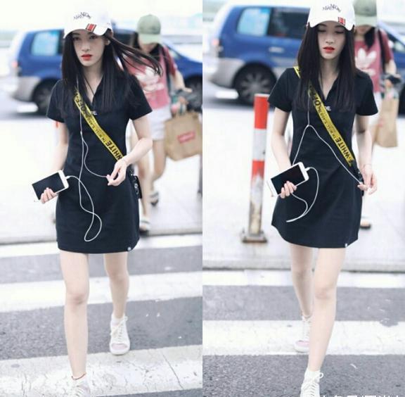 鞠婧祎机场终于穿长裤了, 简单白T牛仔裤, 78斤“秒变”88斤