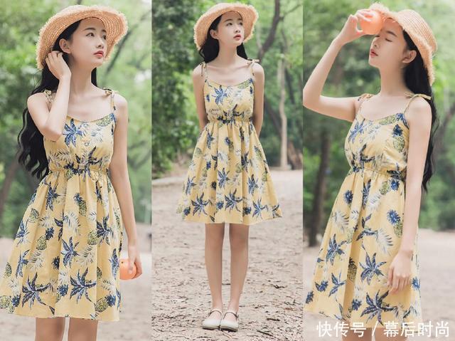 黄色吊带连衣裙+凉鞋，夏季这样搭让你变时髦，还特别显白！