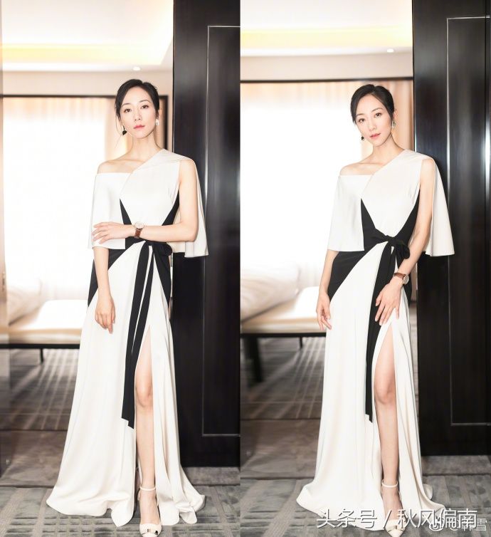 韩雪黑白相间长裙皮肤白皙，优雅高贵女神气质浓
