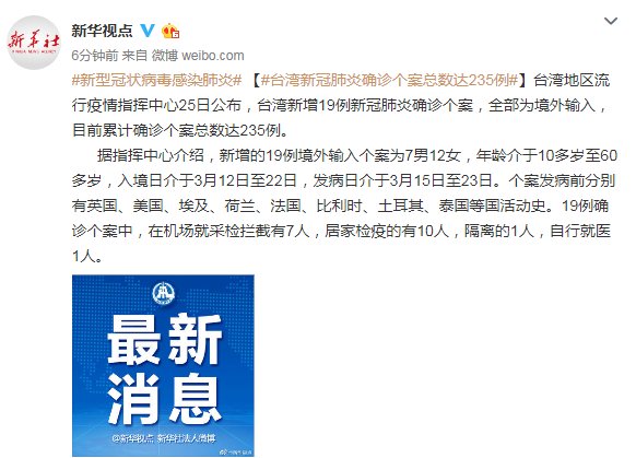  【输入】台湾新增19例境外输入新冠肺炎确诊病例，累计确诊235例