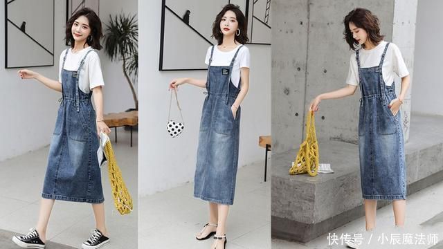  「短袖」夏季超流行的“牛仔背带裙”，搭配短袖T恤，减龄又有少女感！