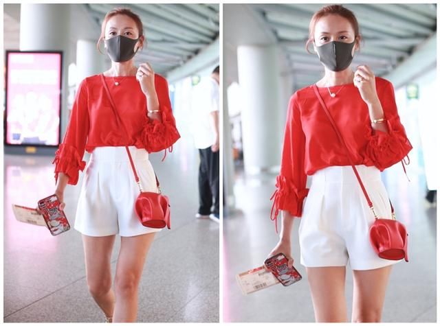 叶一茜穿红衣配白短裤现身机场，美炸了，两米大长腿百看不厌！