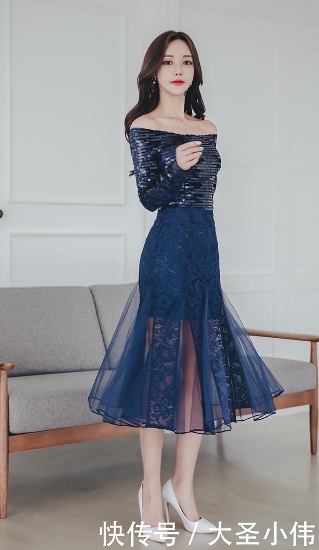  「蓝色」女神写真：蓝色长裙的搭配超长美腿，尽显美女性感气质，超模的身材