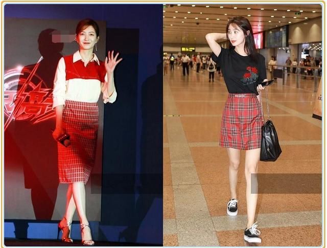 31岁江疏影和30岁李菲儿同穿红色格子裙，这差距何止一个1岁？