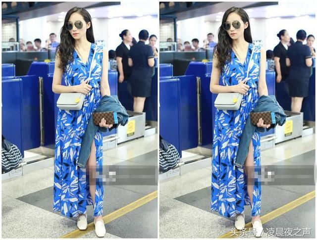 韩雪穿蓝色开叉印花长裙亮相机场，国色天香像公主，惊艳全场