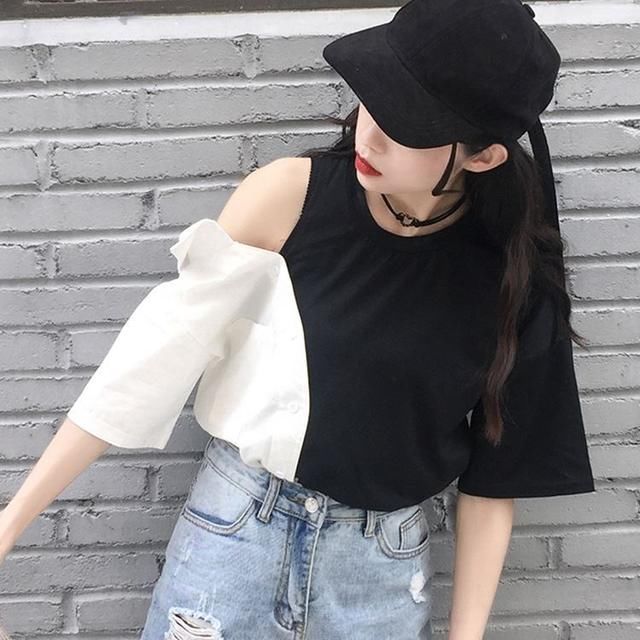 黑色半袖搭配浅色牛仔短裤，气质小女人的形象脱颖而出