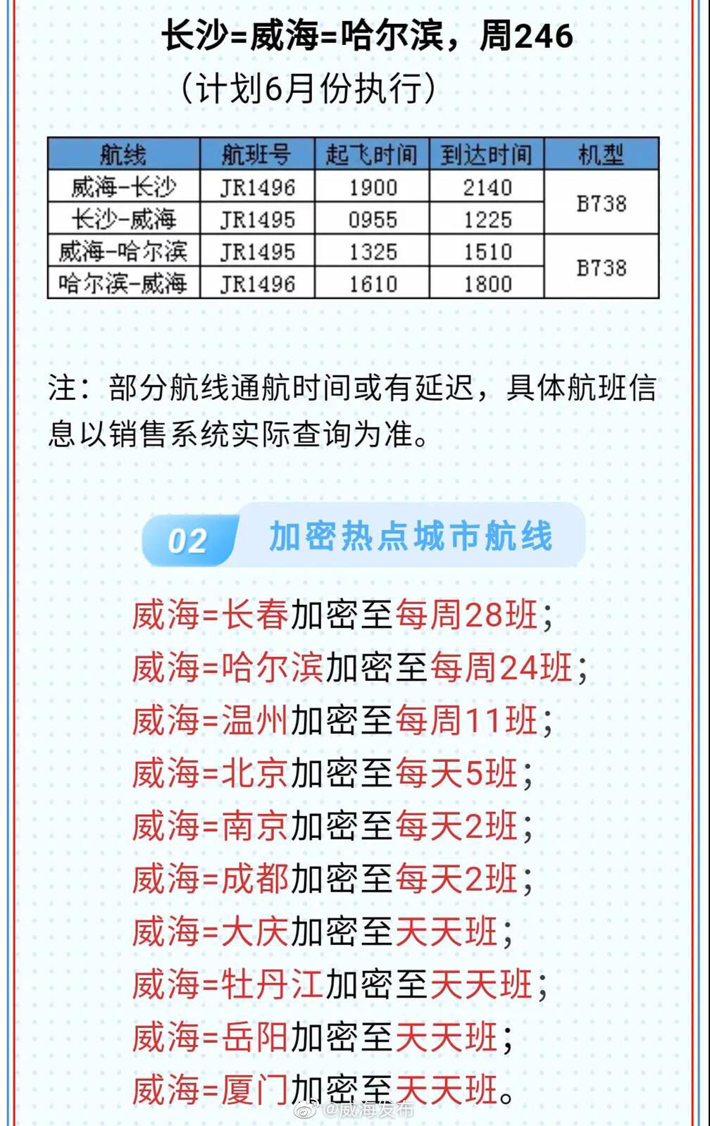  夏秋季■[话筒]今起威海机场执行夏秋季航班计划