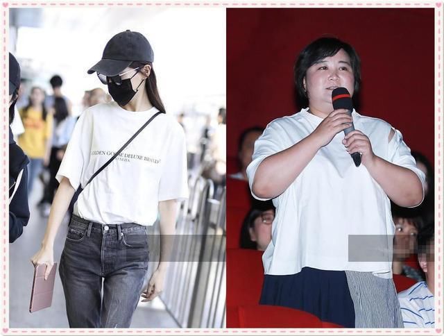 当160斤贾玲与86斤唐嫣同穿T恤衫，网友直呼：就算没胸我也要减肥
