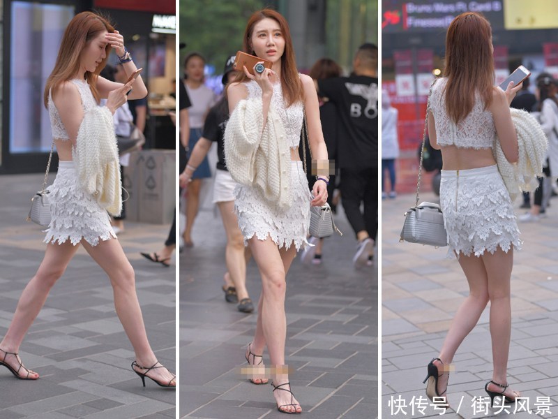 美女身穿蕾丝套装，脱下外套显得更美了，裙摆就像白纸剪的一样！