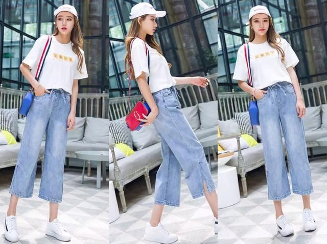 八分牛仔裤+白色t恤，小个子的女生这样搭轻松显白又显高!
