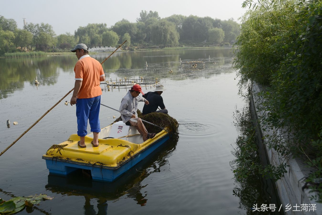 菏泽仨农民工划着船干活一天工资120块钱,看着