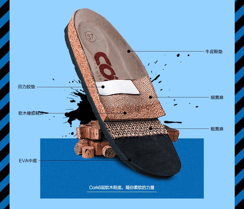 轻盈贴脚，考克英伦迷彩牛仔布软木拖鞋2双29元